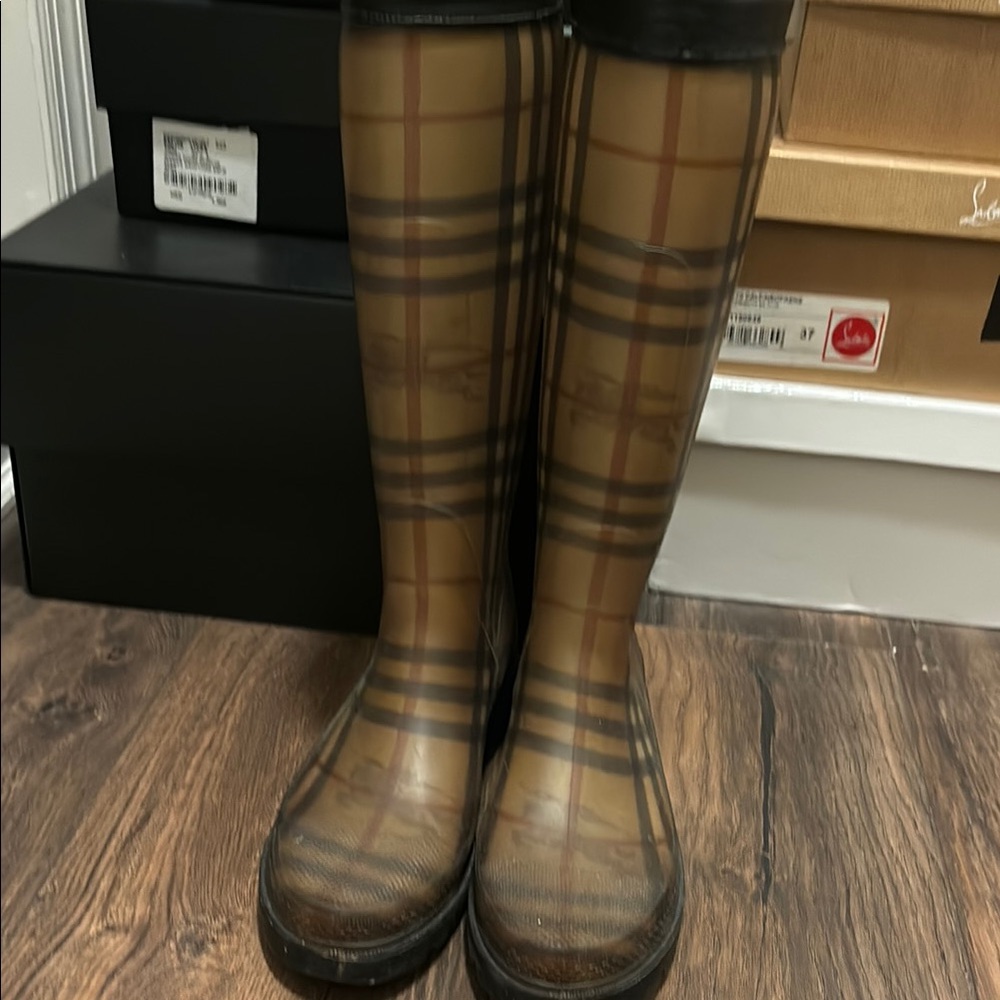 Burberry Beige and Black Checkered Rain Boots